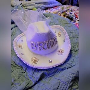 White Bride Cowboy Hat with Veil and Embellishments